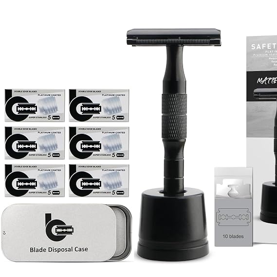 Matte Black Safety Razor with Stand, 1 Razor Blade Bank + 30 Blades