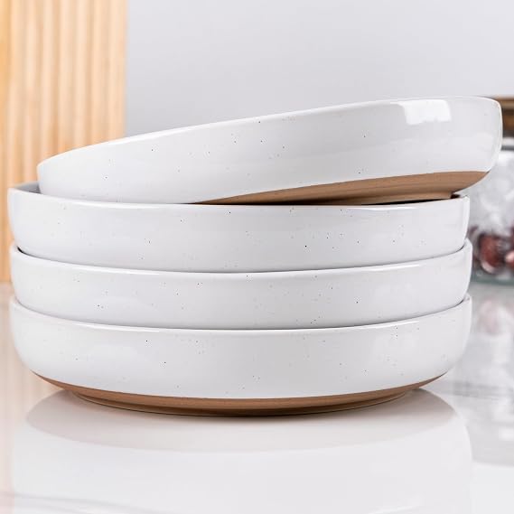 AmorArc 8.75'' Large Ceramic Pasta Bowls, 38oz Handpainted Stoneware Bowls Set of 4, Microwave&Dishwasher Safe Bowls with Rustic Terracotta Underside for Pasta Salad, White