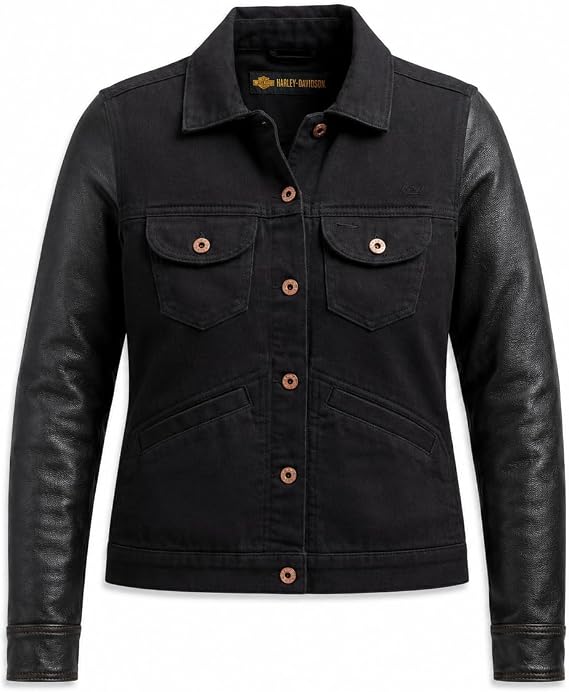 Harley-Davidson Women's Logo Leather Sleeve Denim Jacket - 98411-20VW