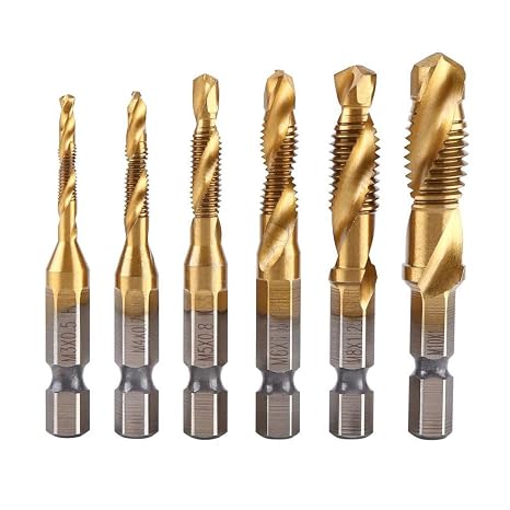 6pcs HSS Combination Drill and Tap Set 1/4 Inch Hex Shank Screw Tapping Bit Titanium Coated Tap Drill Bit M3 M4 M5 M6 M8 M10