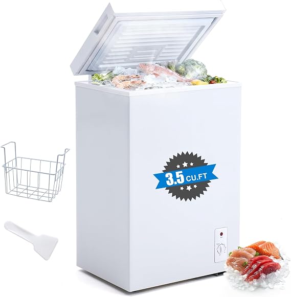 Dawmilon 3.5 Cu.Ft Chest Freezer, Energy Efficient & Quiet Deep Freezer with Adjustable Thermostat, Removable Basket & Defrost Drain Compact Freezer for Home, Garage, Apartment & Dorm, White