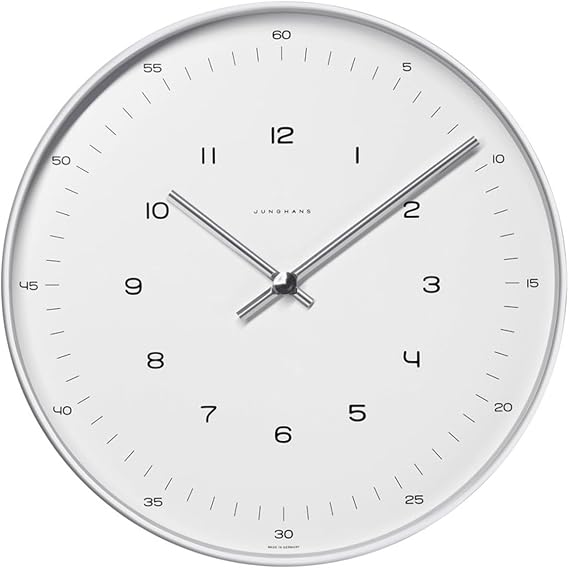 Max Bill Clock.30cm diam. Stainless Steel case. Quartz Movement. Mineral Glass face with Numbers.