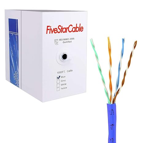 Cat5e 1000 Ft. Ethernet 24AWG 4 Twisted Pair UTP Internet Network Router LAN IP Camera System Bulk Cable Wire Pull Box - Blue Color