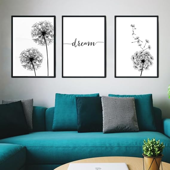 YOWOCAL Dandelion Wall Decor,Black and White Flower Canvas Wall Art, Living Room Bedroom Nursery Decoration,Nordic Dream Dandelion Prints,16x20 UNFRAMED Floral Picture Poster Set