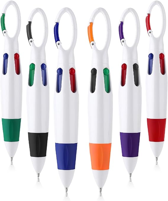 6 Pcs Lanyard Pen, Multi Coloured Pens All In One, Portable Multicoloured Pen, 4 In 1 Shuttle Retractable Pens with Buckle Keychain On Top for Office School Supplies Students Gifts Party Favors