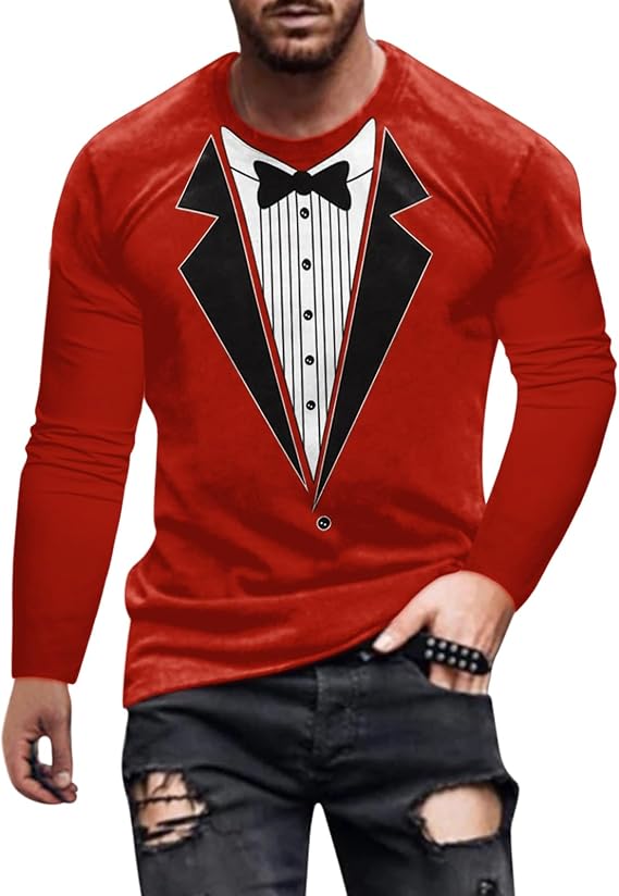 Mens Tuxedo Shirts Long Sleeve 3D Print Shirt Fake Bow Tie Lightweight Casual Tops Holiday Tee Fashion Wear T-Shirts