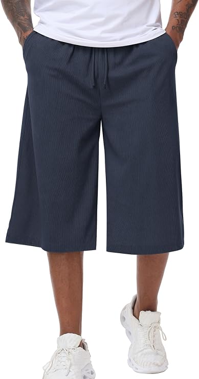 Mens Baggy Sweat Shorts Below Knee Corduroy Capris Drawstring Pockets
