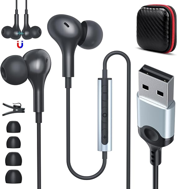 ASKUBSKU USB Earbuds Wired with Microphone for PC 7.5 Ft Cable, Black