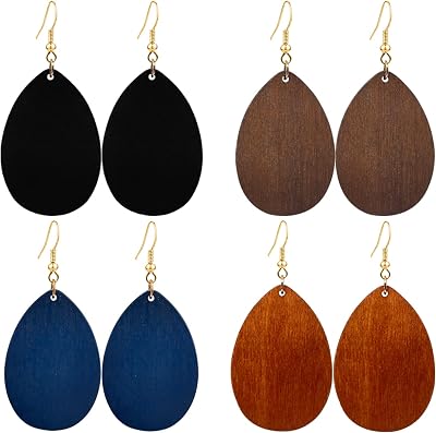 KaFu 4 Pairs Bohemian Natural Wooden Teardrop Dangle Earrings Retro Ethnic Geometric Big Round Circle Wood Earrings for Women Girls Handmade Bohemian Statement Jewelry