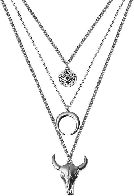 Boho Layered Necklace Women's Vintage Cowboy Cowgirls Western Necklaces Evil Eye Bull Head Multi-Layer Necklace Fashion Pendant Necklace Jewelry