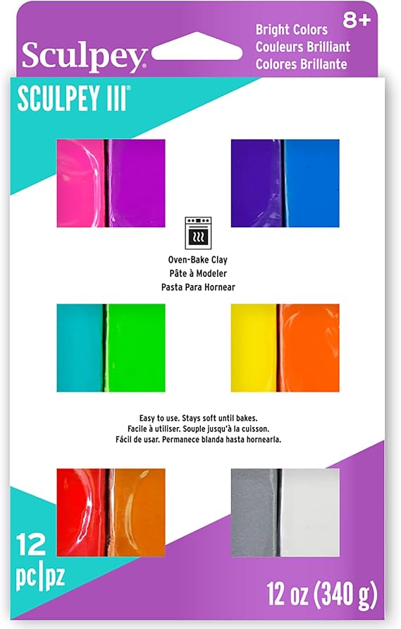 Sculpey III 12 Bright Colors of Polymer Oven-Bake Clay, Non Toxic 12 oz., great for modeling, sculpting, holiday, DIY & school projects.Great for kids & beginners, Multicolor, S3 VMB-6