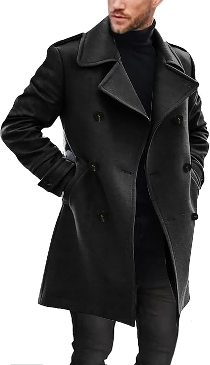 Ryannology Mens Trench Coat Double Breasted Long Winter Pea Coats Jacket