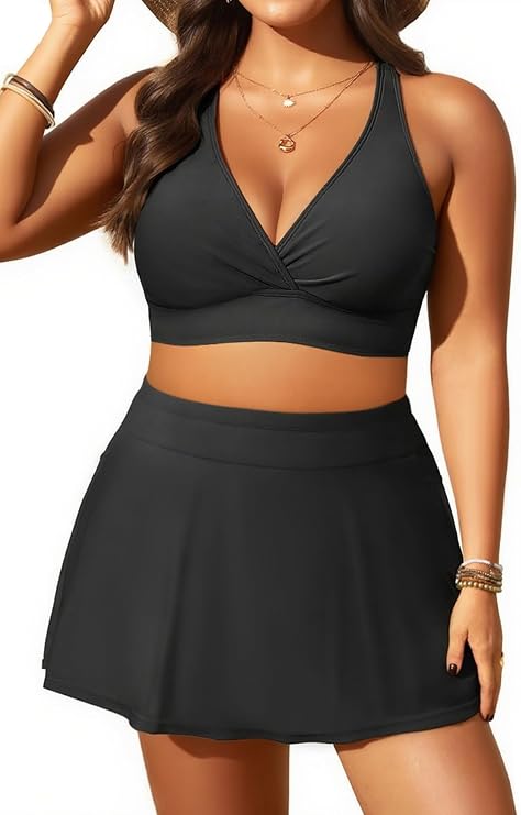 Women's Plus Size High Waisted Bikini with Skirt Two Piece Swimsuit Pockets