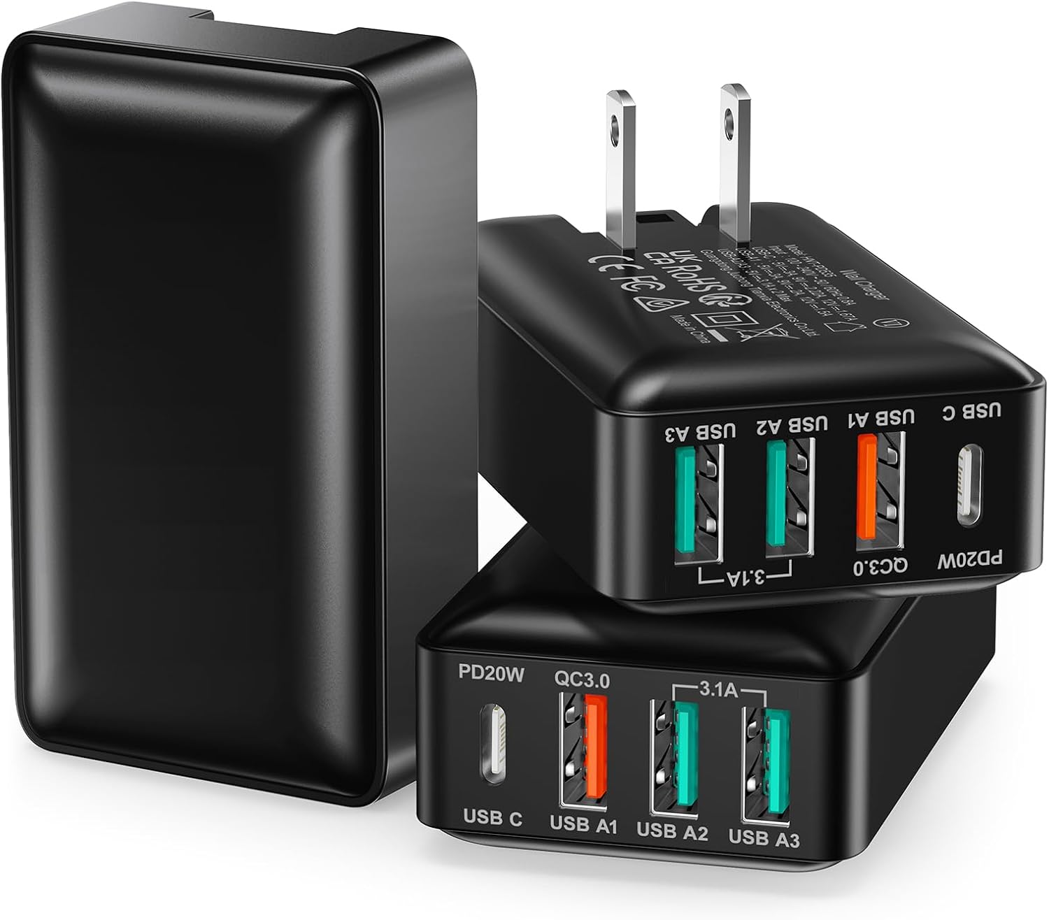 USB C Wall Charger 40W, Excgood 4Port USB Charging Block Flat Foladable Wall Plug PDQC Power Adapter Multiports for iPhone 16 15 Pro Max 14 13 XR iPad Galaxy S24 S23 Watch-3Pack