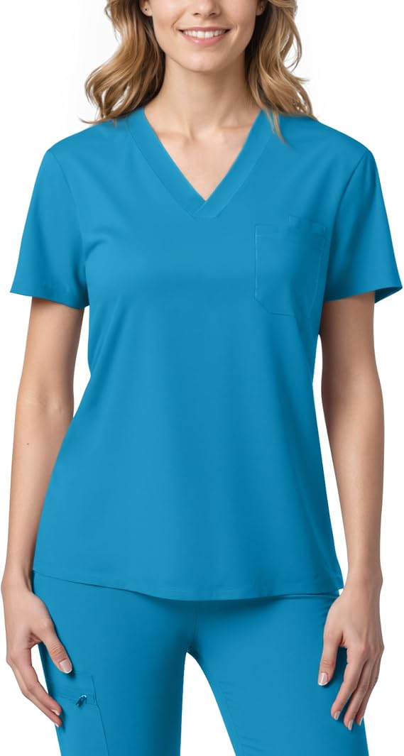 Scrub Tops for Women, V-Neck 4-Way Stretch Shirt with 2 Pockets | Soft breathable knit, slim mock-wrap fit, quick-dry comfort, wrinkle-resistant easy care for long shifts