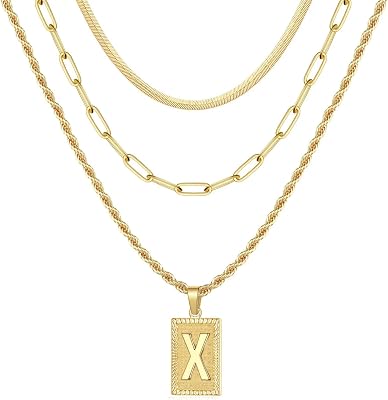Layered Initial Necklaces for Women, 14K Gold Plated Layering Paperclip Chain Snake Choker Necklace Dainty Rope Chain Square Pendant Letter Initial Necklaces Gold Layered Necklaces for Women Jewelry