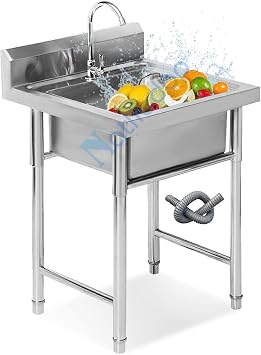304 Stainless Steel Utility Sink with Tap and Drain, One Compartment Workbench Sink Commercial Sink For Restaurant, Laundry Room, Backyard