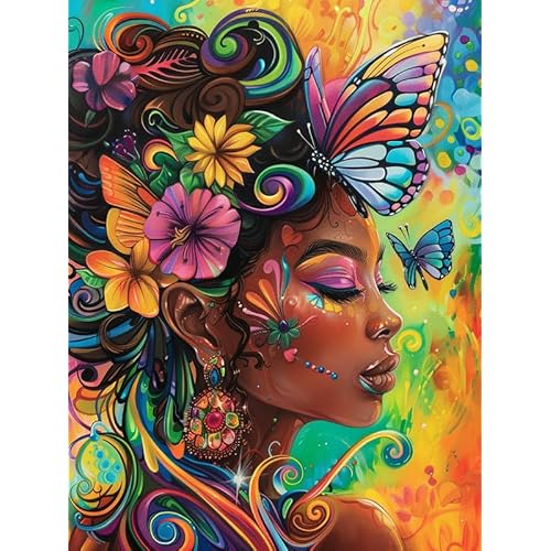 Bimkole 5D Diamond Art Kits for Adults African Woman, Full Drill DIY Rhinestone Embroidery Set Paint with Diamonds Art Butterfly Flowers by Number Kits Cross Stitch Home Wall Craft Decor 12x16 Inch