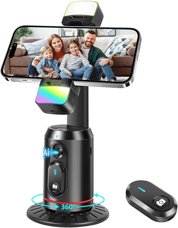 Auto Face Tracking Tripod, 360 AI Face Tracking Phone Holder | LED Fill Light, No App Required, Gesture Control, with Detachable Remote Control, Suitable for Vlog Live Broadcast and Video