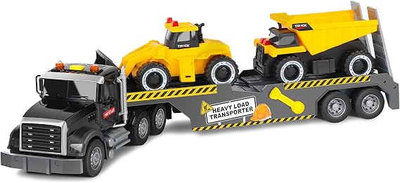 Construction Semi Trailer Truck Toy, Large Flatbed Truck Carrier with Excavator and Dump Vehicle, Lights and Sounds, Birthday for Kids Boys Age 3 4 5 6+