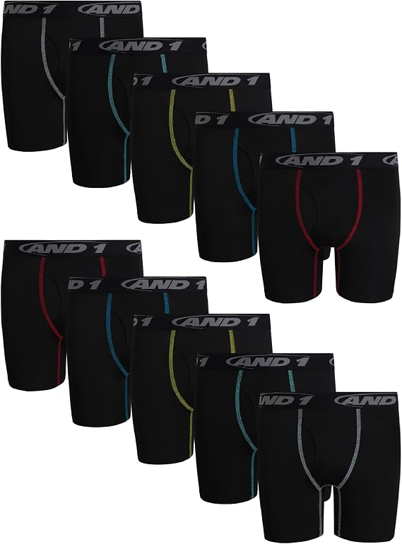 AND1 Boys Boxer Briefs - 10 Pack Performance Stretch Moisture Wicking Athletic Underwear Boxers for Boys, 5 Inseam