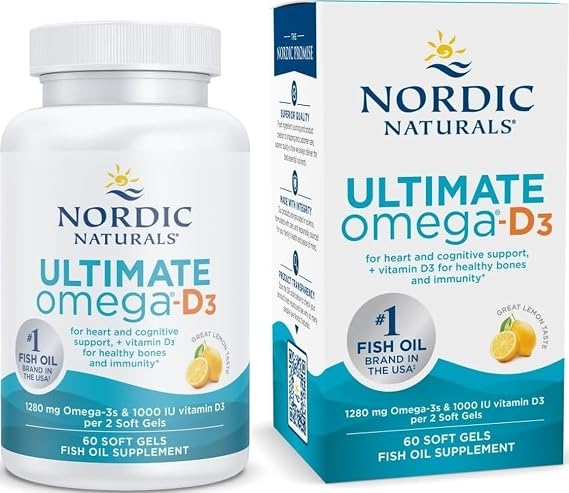 Nordic Naturals Ultimate Omega-D3,1280mg + 1000IU D3, Lemon - 60 Count | Omega-3 Fish Oil with EPA & DHA + Vitamin D3. Supports brain, heart & immune health. Lemon flavor. 30 servings. 2 per day.