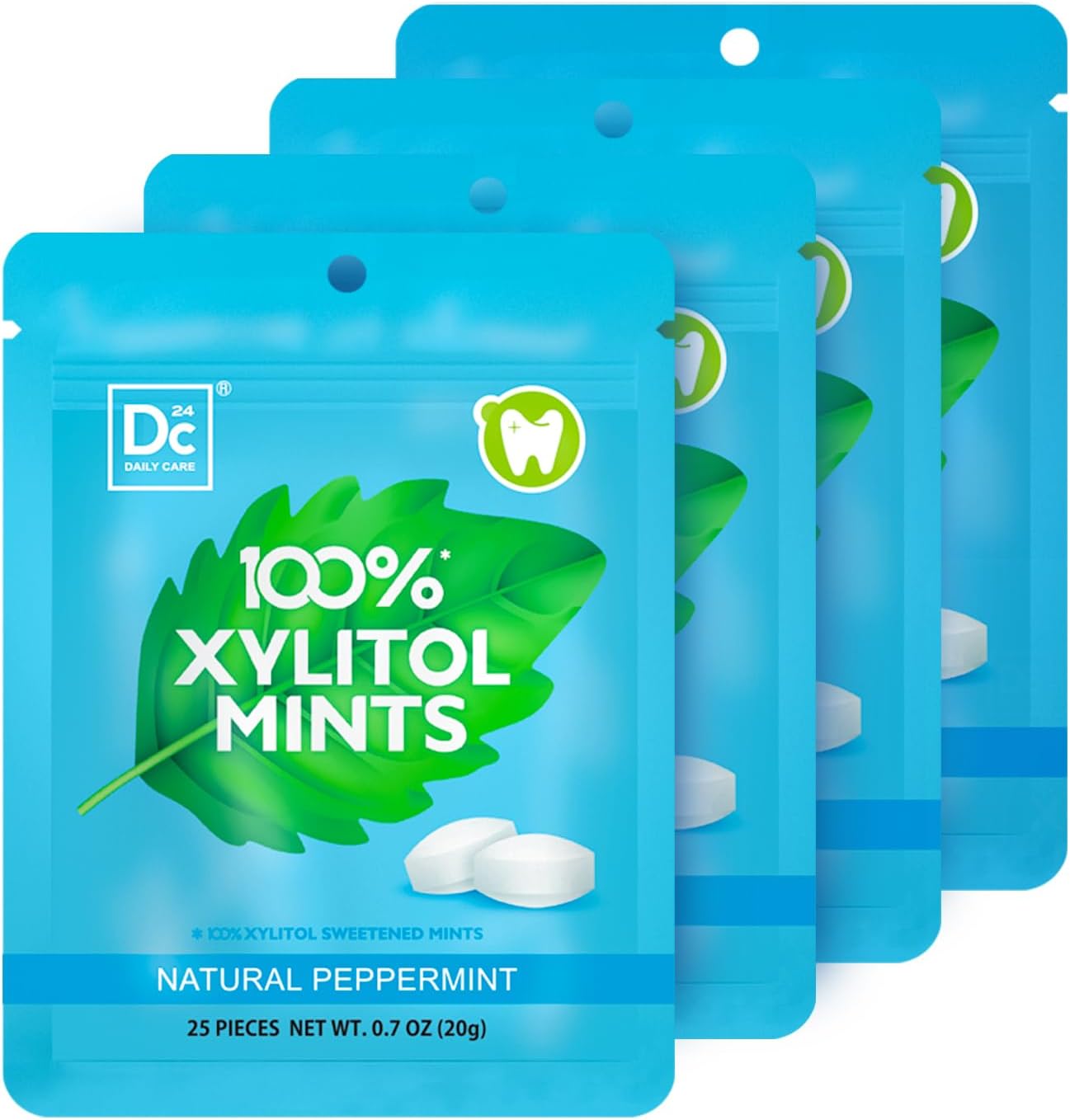 DC24 DAILY CARE 100% Xylitol Mints | Aspartame Free, Sugar Free, Vegan, Gluten Free & Keto Friendly | Natural Peppermint Flavored Mints, 25 Piece-Pack, 4 Packs