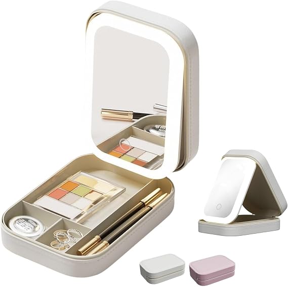 Makeup Bag with Mirror, Travel Makeup Organiser Case with LED Mirror, Portable Cosmetics Bag with 3 Colors Brightness Adjustable Makeup Mirrors with Lights Makeup Storage for Women (White)