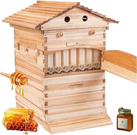 Beehive Starter Kit,Self-Flowing Wooden Bee Box,with 7 Honeycomb Trays/Observation Window/Honey Spout,Carpenter Bee House