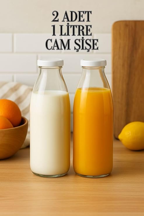 1 Liter Transparent Jug of Milk, Ayran, Water, Lemonade Soft Drink Bottle Glass Bottle with 2 White Plastic Lids
