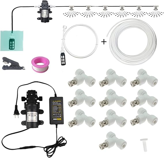 65.6ft Outdoor Misting Cooling System Kit with 12v Pump, Misters for Patio with Brass Sprayers, Garden Cooling System DIY Micro Drip Irrigation System for Patio, Garden, Lawn, Home Irrigation(White)