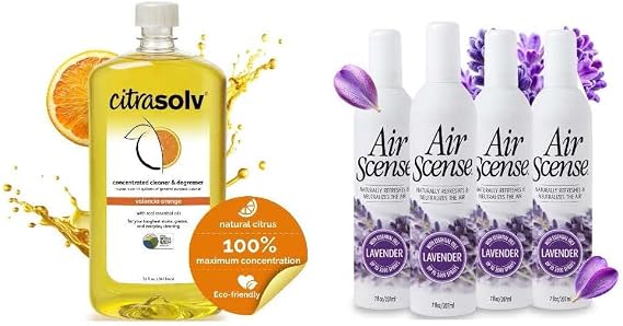 Citra Solv & Air Scense | Special Bundle | Concentrated Cleaner & Degreaser 32 fl oz| Essential Oil Air Freshener Lavender 7 fl oz 4PK| Household Cleaner Non-Aerosol | Valencia Orange & Lavender