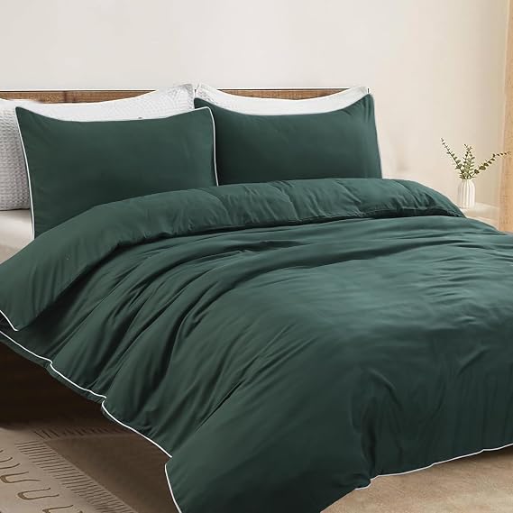 Linen Home King Size Duvet Cover Sets with Piping finish, Bottle Green King Bedding set Including Piped Duvet Cover and 2 Pillowcases (King)