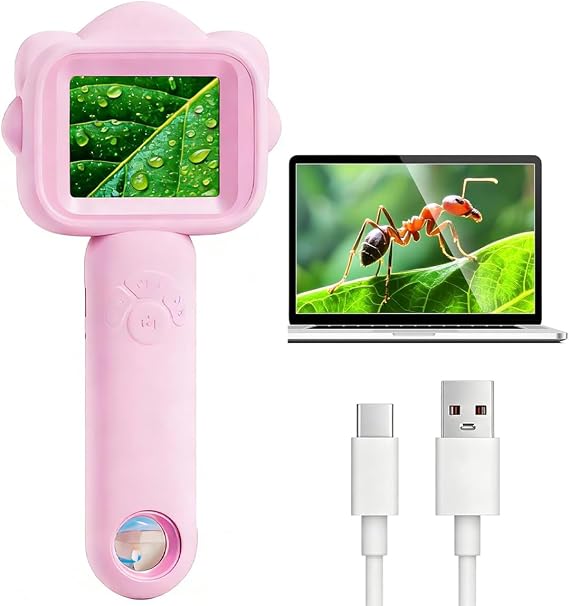 Handheld Digital Microscope 500X with 2.4" IPS Screen, Adjustable LED Lights and 32GB SD Card, Portable Pocket Microscope for Science Experiments and Nature Observation (Pink)