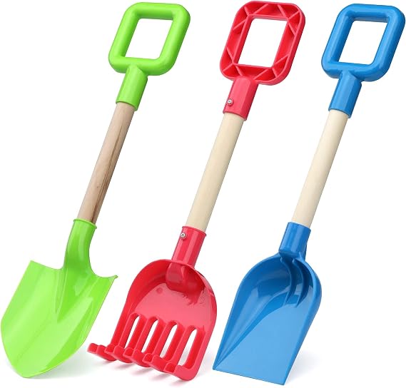 Jumbo Beach Shovels for Kids, Heavy Duty Plastic Sand Shovels, 40CM Sand Beach Toys Set for Toddler, Wood Handle Beach Scoop Toys for Sandbox Sandpit, Digging Garden Spade Tools