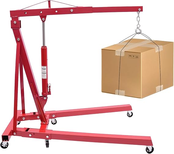 1 Ton (2200 LBS) Hydraulic Engine Hoist, Heavy Duty Cherry Picker Steel Shop Crane Lift, Folding Hydraulic Crane with 6 Caster Wheels for Garage, Workshops, Warehouse Lifting Loading (Red)