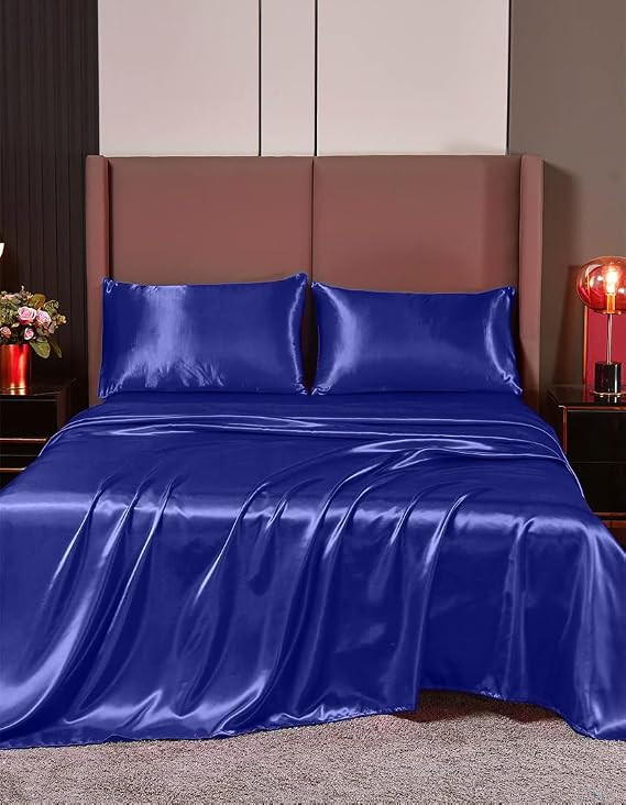 4 Pc Silk Satin Sheets Set | Silk Satin Fitted Sheet | Silk Satin Flat Sheet | Silk Pillowcase | 4 Pc Silk Satin Sheet Set | Hotel Quality Silky Soft Luxurious !!!! Cal-Queen, Royal Blue