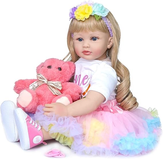 RXDOLL Toddler Reborn Baby Doll Girl Princess with Curly Blonde Hair 24 Inch 60cm Real Life Looking Reborn Toddler Dolls Soft Body Snuggle Cuddle Doll for Girls Gifts