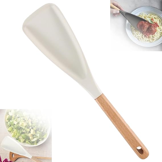 Multi-function Spatula Spoon, 12.2" Silicone Salad Spatula with Wood Handle Silicone Cooking Utensils for Kitchen, Matte Multifunction Silicone Spoon for Mixing Scoop Scrape (White, 1pcs)