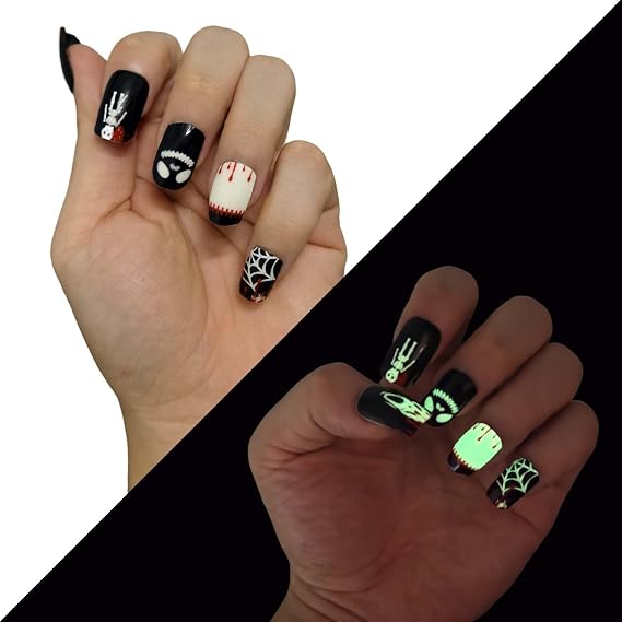 Halloween Semi Cured Gel Nail Strips Kit | Glow in The Dark Nail Art Wraps with Skull Spider Web Designs, 22 Pcs Halloween Gel Wraps - Long Lasting, Easy DIY at Home (UV Lamp Required)