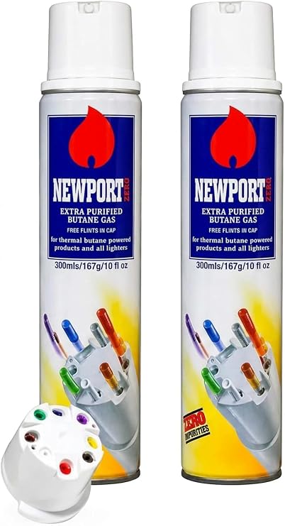 Newport Butane Fuel Refill, 300ml Ultra Refined Lighter Fluid, Near Zero Impurities, Universal Lighter Refill with 8 Adapter Tips & 2 Bonus Flints for Kitchen Torches, Refillable Lighters