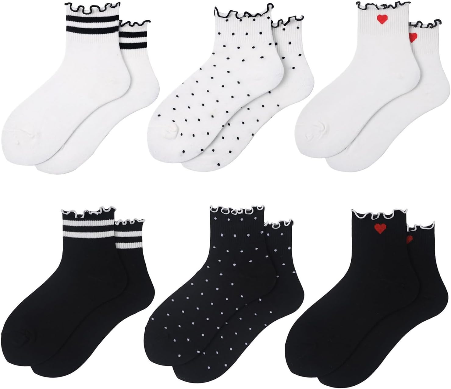 MarJunSep Ruffle Frilly Ankle Socks for Women Teen Girls Cute Crew Socks Striped Dots Heart Ribbed Thin Cotton Socks