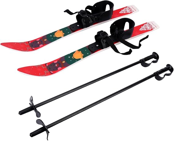 Kids Snow Skis and Poles with Bindings,Kid's Beginner Snow Skis Set,Low-Resistant Lightweight Toddler Ski Downhill Boards for Kids, Snowboard with Christmas Themed Pattern for Age 2-4
