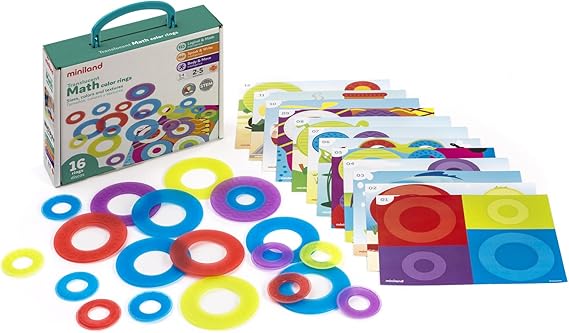 Miniland Translucent Math Color Rings. Set of 16 Translucent Hoops and Activity Cards for Children from 2 to 5 Years which develops Differentiation of Sizes, Colours and Textures. Made in Spain