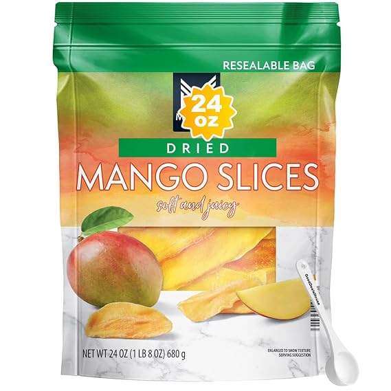 Dried Mango Slices 24 oz Value Pack + 5 ml Measuring Spoon Sweet & Chewy Dried Fruit Snack Bundle, Resealable Bag