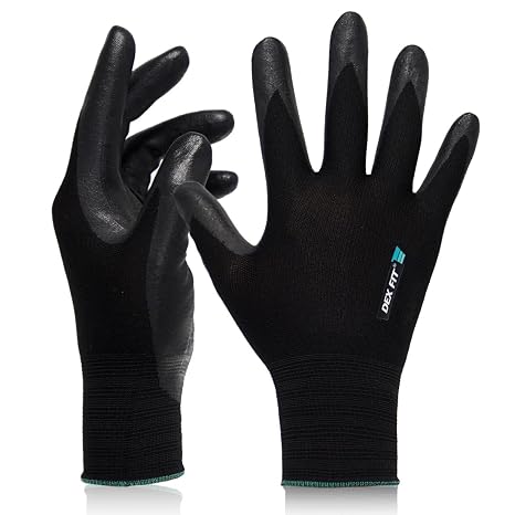 DEX FIT Premium Work Gloves FN331-3D Comfort Fit, Power Grip, Thin & Breathable, Touchscreen - Mechanic, Carpentry, Construction, Manual Handling Gloves for Men & Women; Black, L (9), 1 Pair