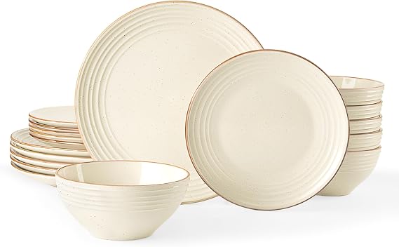 Richmount Jupiter Plates and Bowls Set, Reactive Glaze Dinner Sets for 6 People, 18 Pieces Stoneware with Gold Rim, Scratch Resistant Dinnerware Service for 6, Microwave & Dishwasher Safe, Cream White