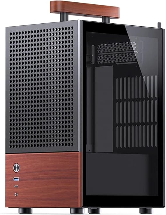 Compatible with JONSBO - T6 ITX Computer Case, 3mm Aluminum Alloy Shell + 8mm Black Walnut Solid Wood, MINI PC Handle Chassis(Black) | Mini chassis with walnut front and aluminum shell; includes carrying handle.(Black)