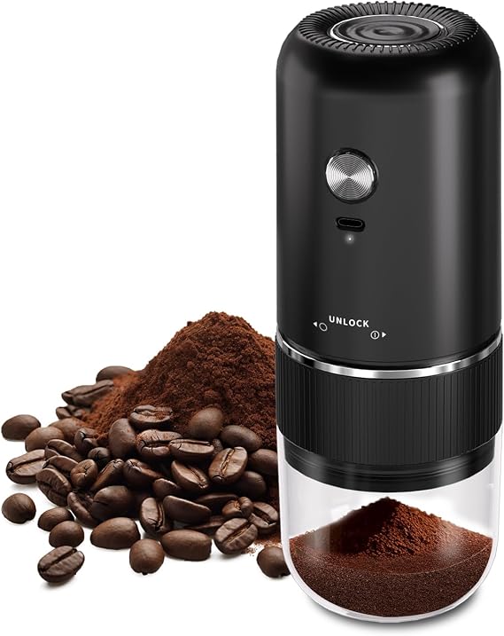 Portable Electric Coffee Grinder,Automatic Coffee Grinder with USB Type-C wireless charging design,Adjustable Coarse to Fine for coffee beans, grains, cleaning brush + cable Includes (black)