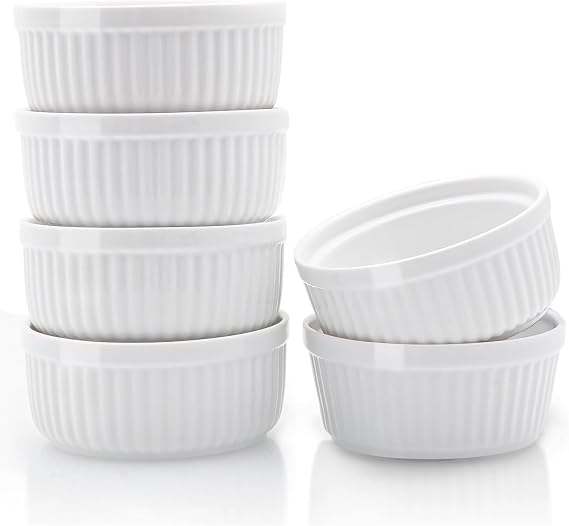 Nuwave Ceramic Ramekins 8 oz, Set of 6, Elegant Classic Style for Baking Souffles, Creme Brulees, Custards, Puddings, 4.3 Wide & 2 Tall, Microwave, Oven & Dishwasher-Safe, Ivory White (6)